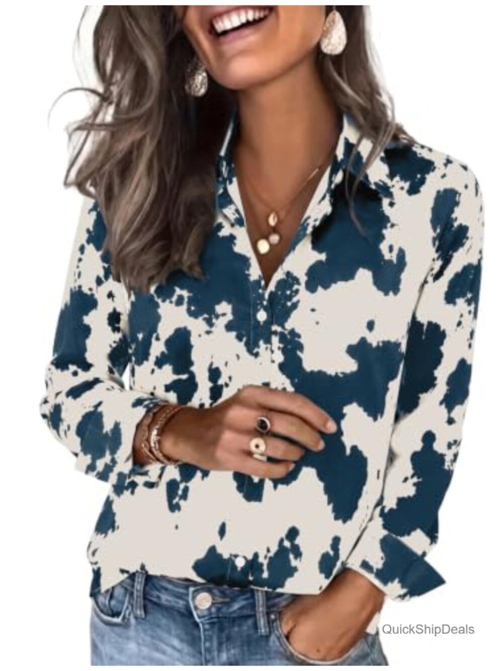 Satin Button Down Blouse Long Sleeve Cow Print Business Casual Top